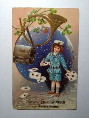 1910 German New Year Postcard Sailor Boy Post Horn Clover Toledo OH Postmark